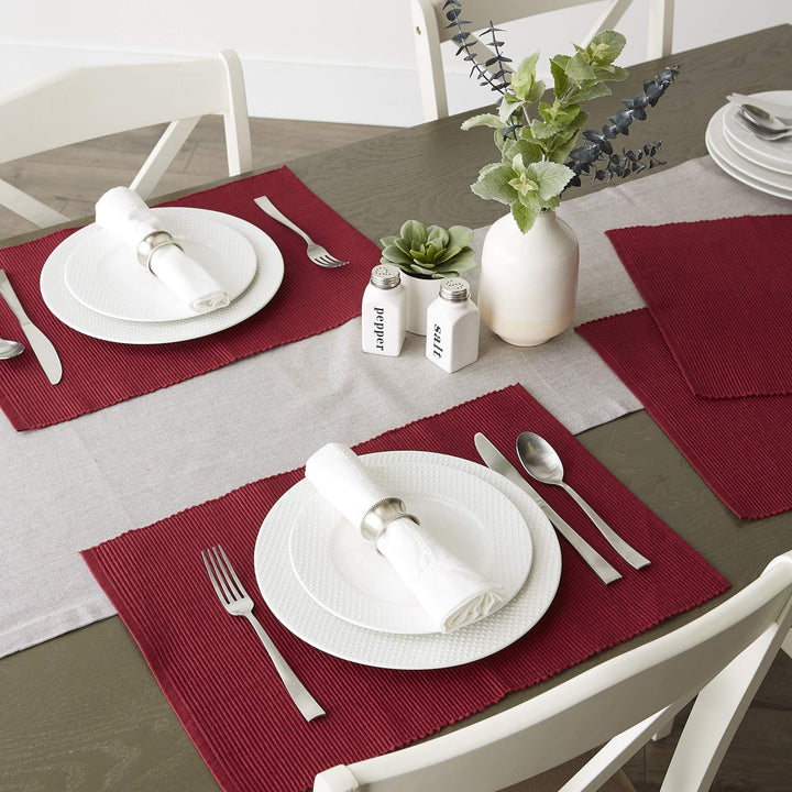 CC Home Furnishings Set of 6 Wine Red Ribbed Placemats 19” x 13" - Diamond Home USA