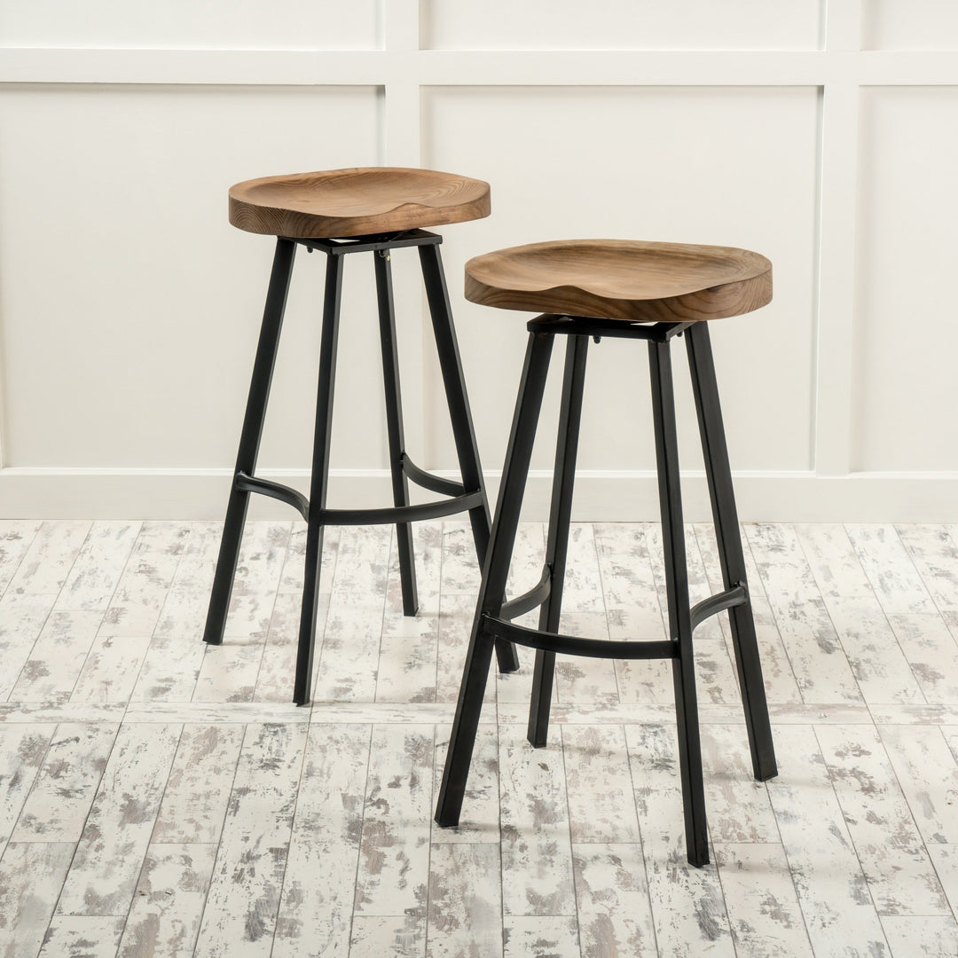 MattsGlobal Rustic 32-inch Fir Wood Iron Backless Swivel Barstool (Set of 2)