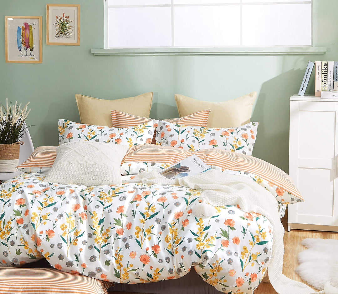 Say Yes Bedding Estella Orange Flroal 100% Cotton Reversible Comforter Set Orange/Yellow/Green,Gray, White - Twin - Twin XL