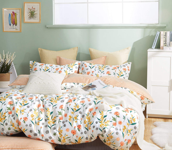 Say Yes Bedding Estella Orange Flroal 100% Cotton Reversible Comforter Set Orange/Yellow/Green,Gray, White - Twin - Twin XL