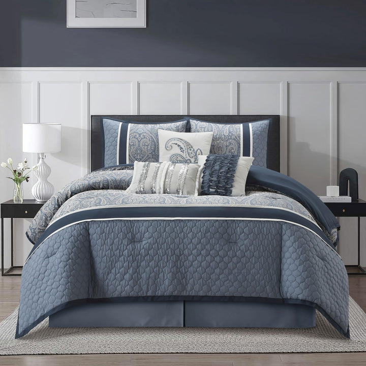 Stratford Park Perfect Paisley 7 Piece Comforter Set Navy/Blue/White Bed Size Queen
