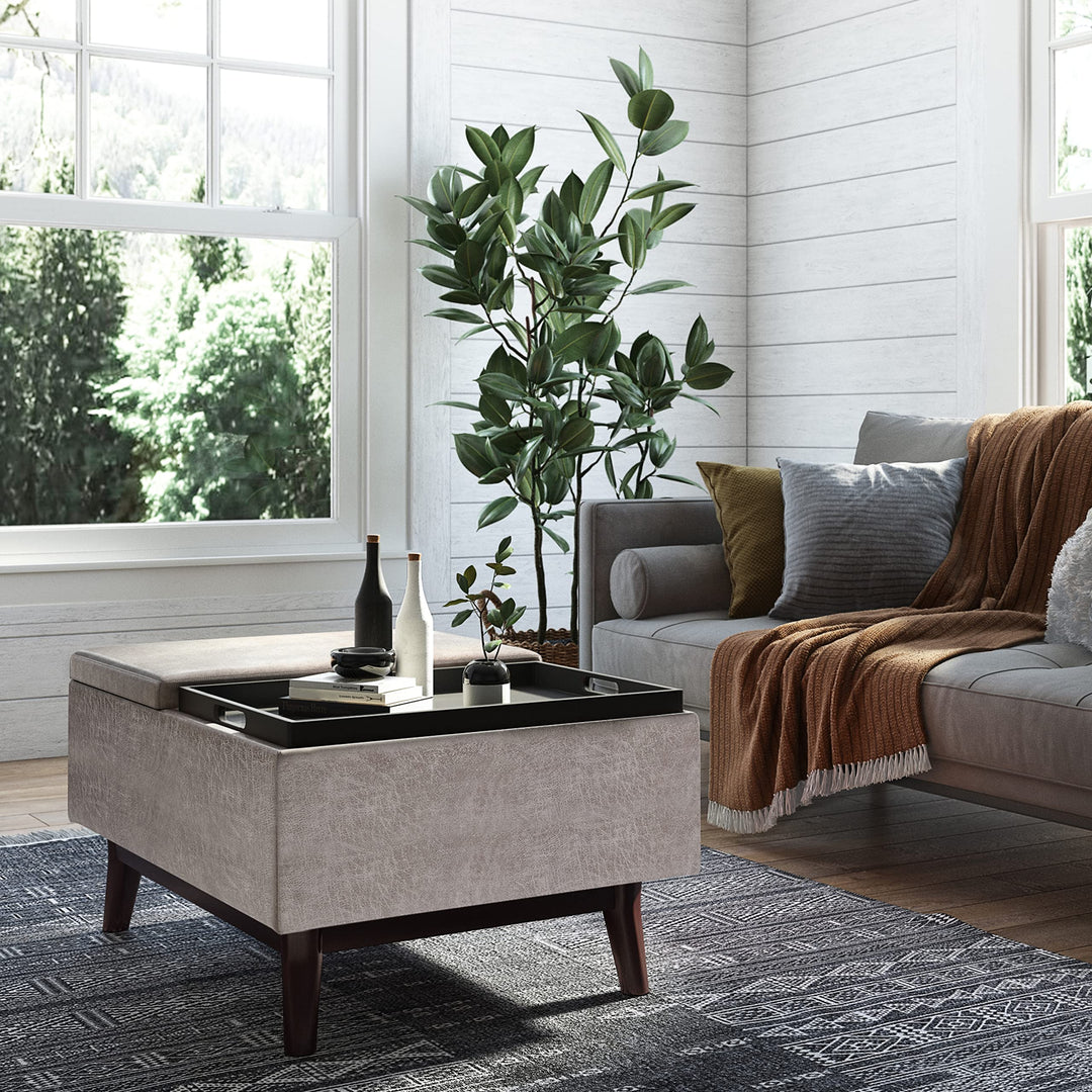 SIMPLIHOME Owen 34 Inch Wide Mid Century Modern Square Tray Top Storage Distressed Grey - Diamond Home USA