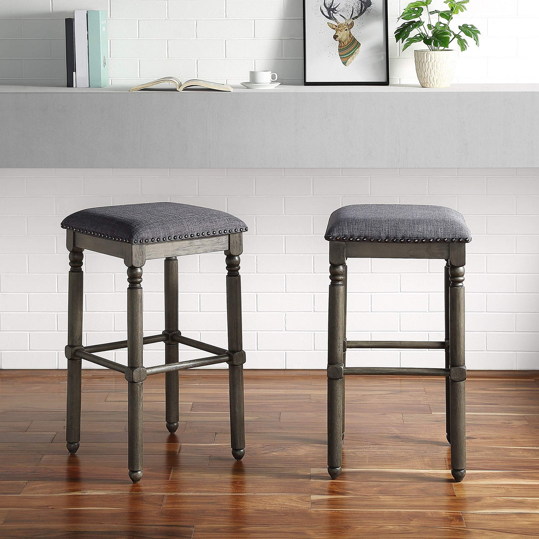Wood Upholstered Swivel Bar Stools Set of 2 - Grey Tan Mid-Century Modern Fabric - Diamond Home USA
