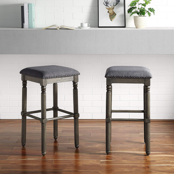 Wood Upholstered Swivel Bar Stools Set of 2 - Grey Tan Mid-Century Modern Fabric - Diamond Home USA
