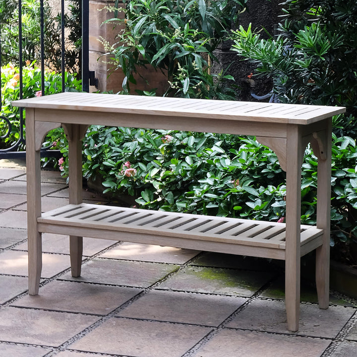 Cambridge Casual Teak Wood 47in 2-Shelf Patio Console Table Indoor Outdoor Weathered Grey - Diamond Home USA