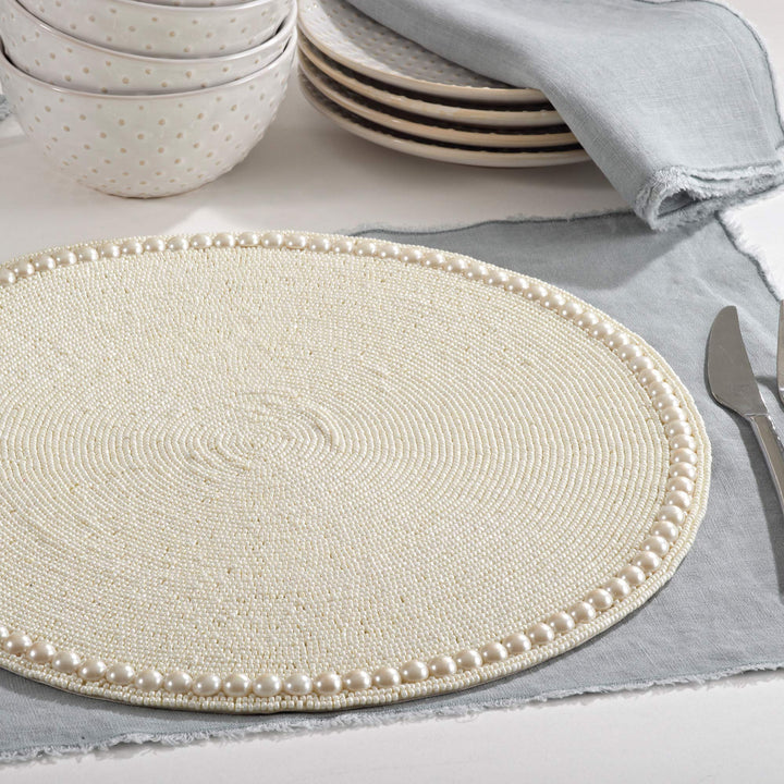 Saro LifeStyle 990.VN15R Glass Beaded Placemat Vanilla 15" (Set of 4 pcs) - Diamond Home USA
