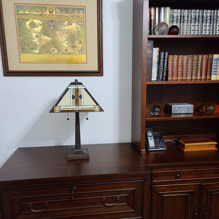 Tiffany Style Table Lamp Banker Mission 23" Tall Stained Glass White Tan Brown - Diamond Home USA