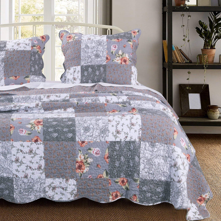 3 Piece Gray Patchwork Quilt Full/Queen Size Set Farmhouse Theme Floral Plaid Oversized Queen