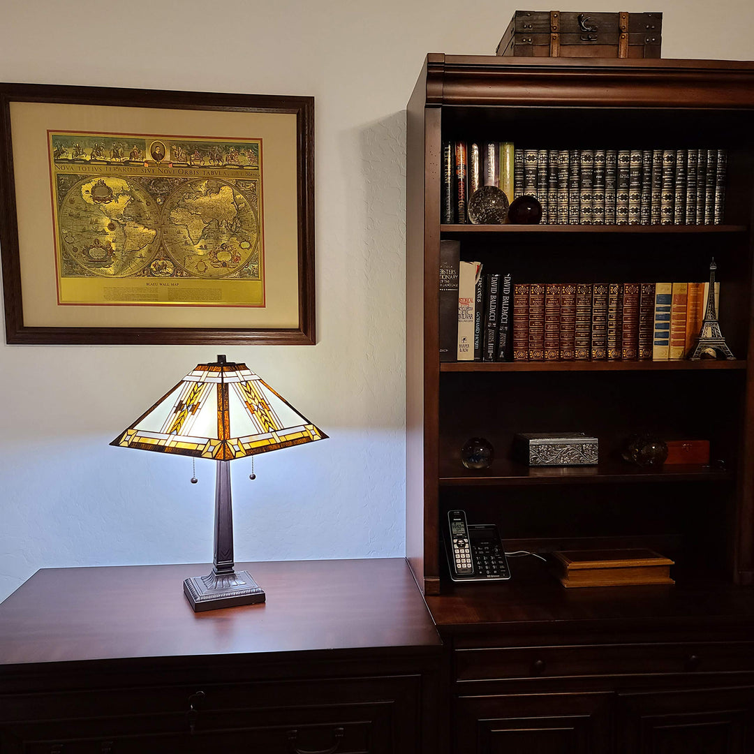 Tiffany Style Table Lamp Banker Mission 23" Tall Stained Glass White Tan Brown - Diamond Home USA