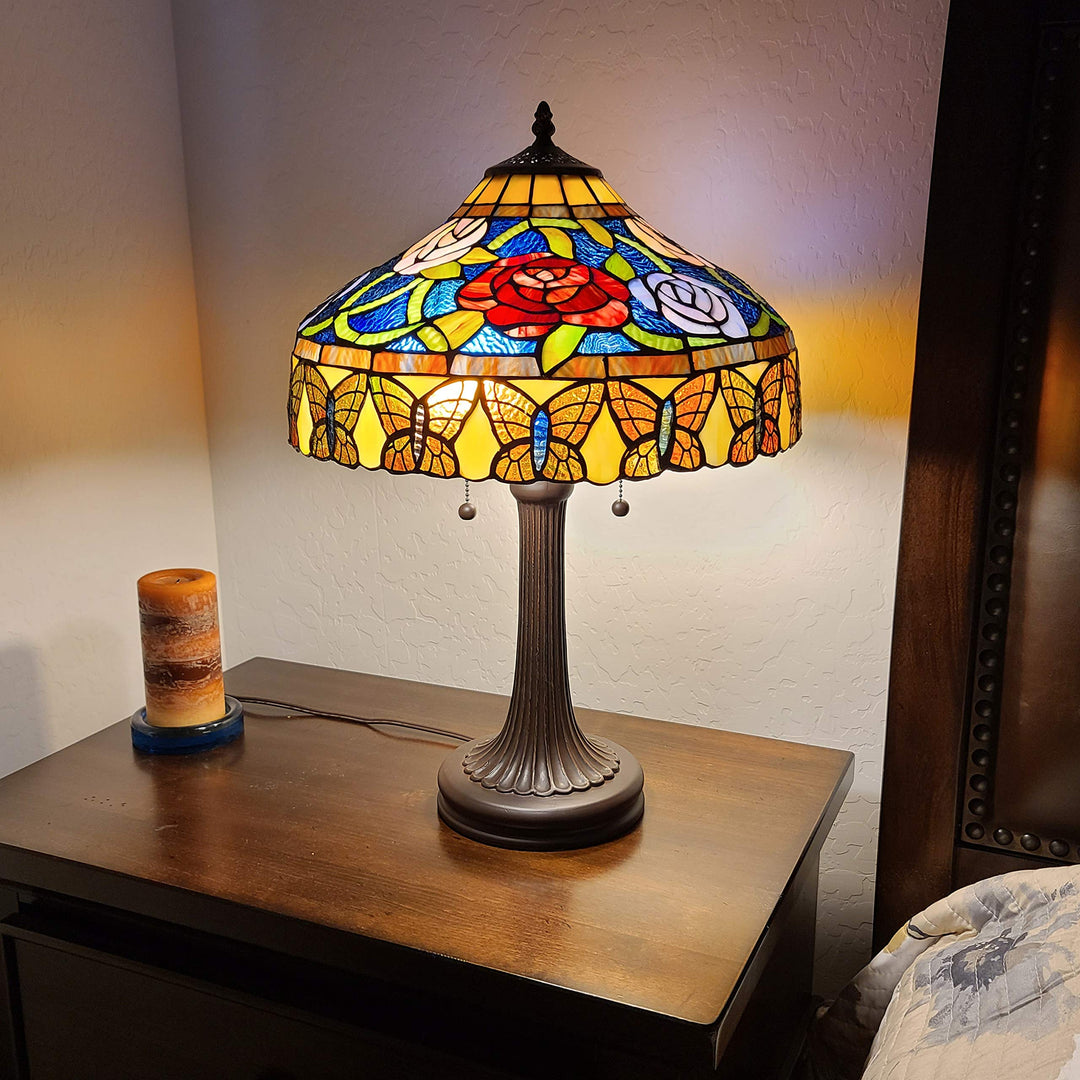 Tiffany Style Table Lamp Banker 23" Tall Stained Glass Red Green Tan Floral - Diamond Home USA