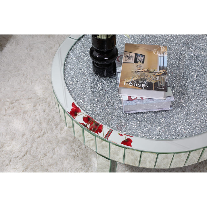Crushed Diamond Round Coffee Table with 4 Legs Mirror Glass Silver - Diamond Home USA