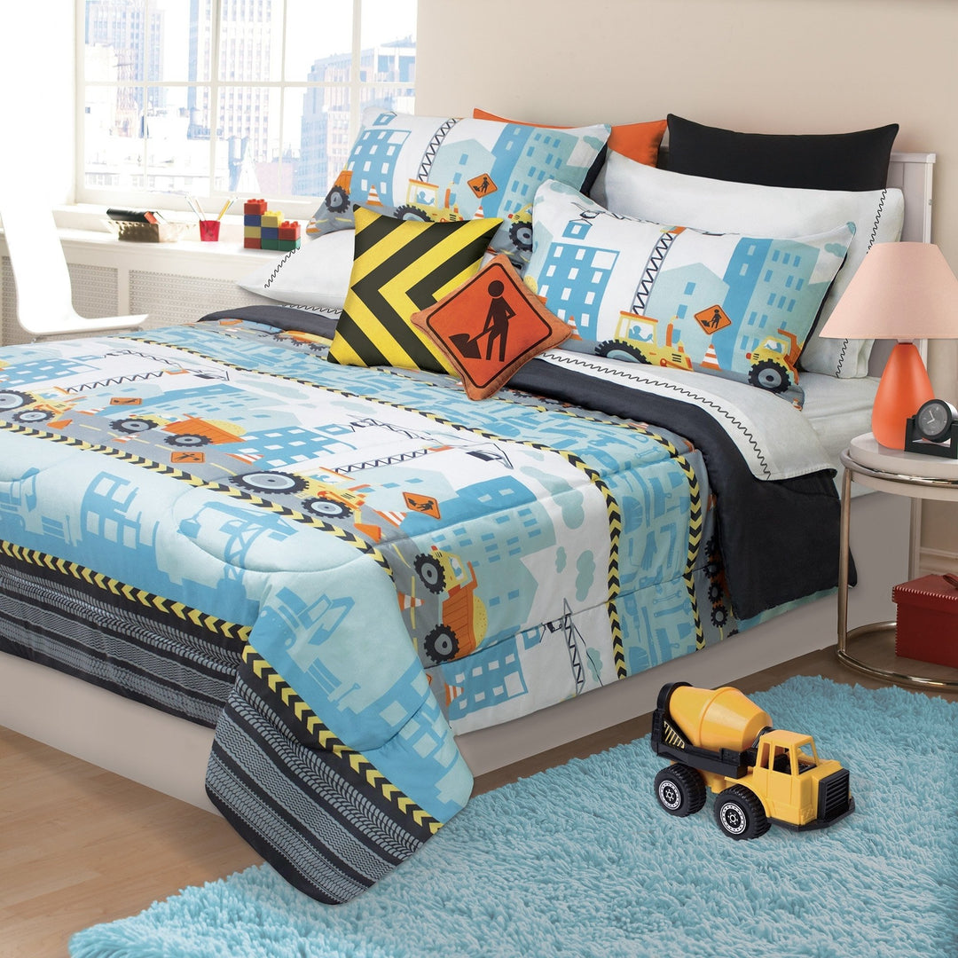 D.I.D. 2 Piece Kids Grey Orange Blue Construction Zone Themed Comforter Twin Set - Diamond Home USA