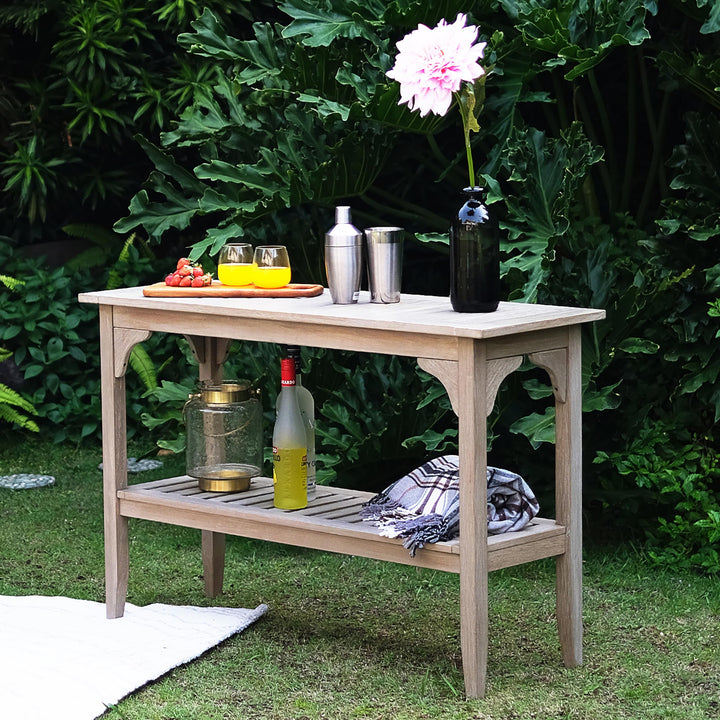 Cambridge Casual Teak Wood 47in 2-Shelf Patio Console Table Indoor Outdoor Weathered Grey - Diamond Home USA
