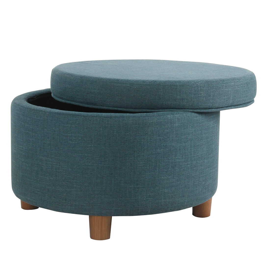 Round Storage Ottoman - Teal Blue Solid Transitional Fabric Foam Wood - Diamond Home USA