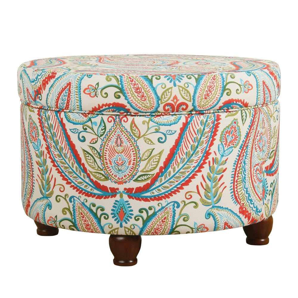 Paisley Storage Ottoman Multi Color Floral Transitional Pattern Round Cotton - Diamond Home USA