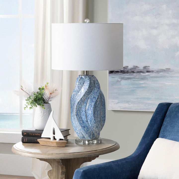 3-Way Swirl Ceramic able Lamp with White Linen Shade Blue Modern Contemporary