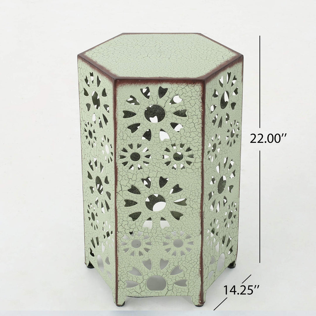 Crackle Green Iron Side Table Hexagon Outdoor Table for Patio Floral Cut Out - Diamond Home USA