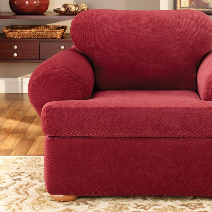 Stretch 2 Piece T Cushion Chair Slipcover Red Solid Polyester Fabric Protection - Diamond Home USA