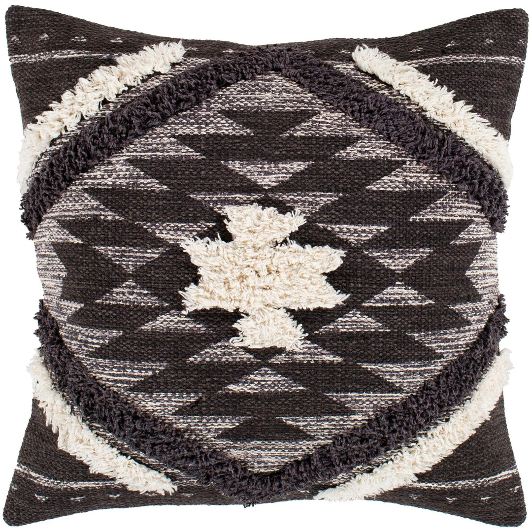 Black Cream Boho Shag Poly Fill Throw Pillow (20" X 20") Cream Textured Bohemian