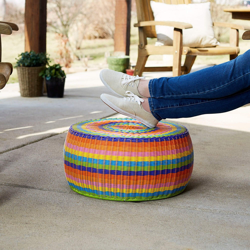 Outdoor Patio Round Wicker Ottoman Colorful Small Rainbow Footstool Rounded - Diamond Home USA