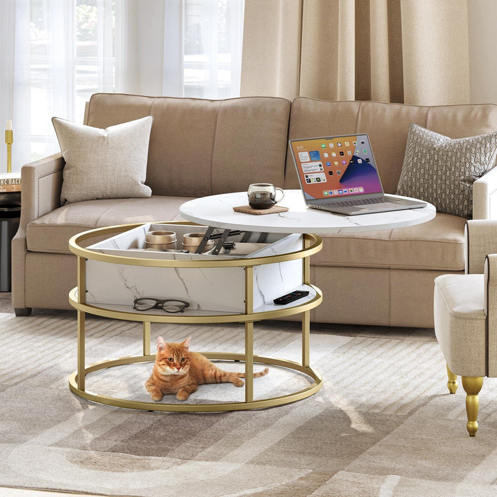 Round Lift Top Coffee Table White Marble and Frame Modern Contemporary - Diamond Home USA