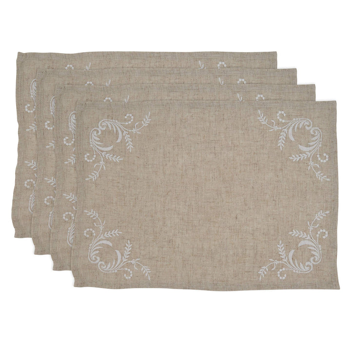 Elegant Placemats with Embroidered Design (Set of 4) Tan Oblong Linen Polyester - Diamond Home USA