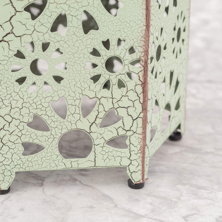 Crackle Green Iron Side Table Hexagon Outdoor Table for Patio Floral Cut Out - Diamond Home USA