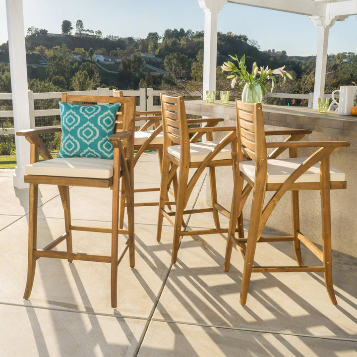Christopher Knight Home Hermosa Acacia Wood Outdoor Barstools 4-Pcs Set Teak Brown+Cream - Diamond Home USA