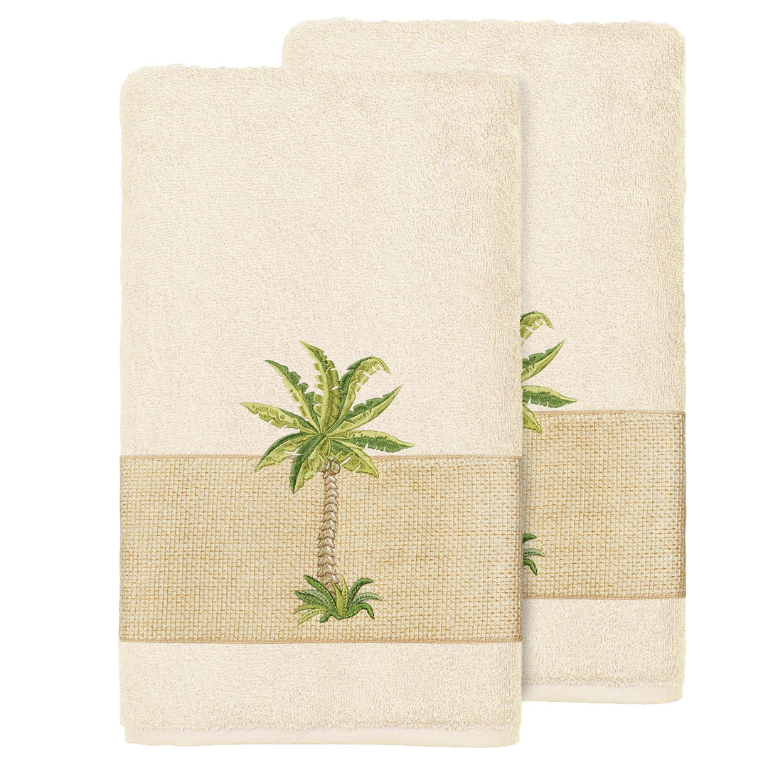 Turkish Cotton Palm Tree Embroidered Cream Bath Towels (Set of 2) Brown Color