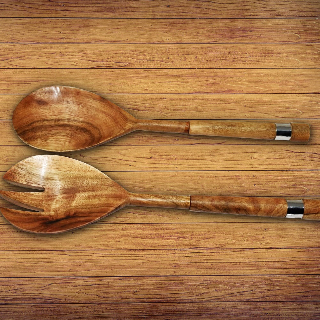 Natural Acacia Wood with Hammered Nickel 2 Pc Salad Server Set Brown Rectangle - Diamond Home USA