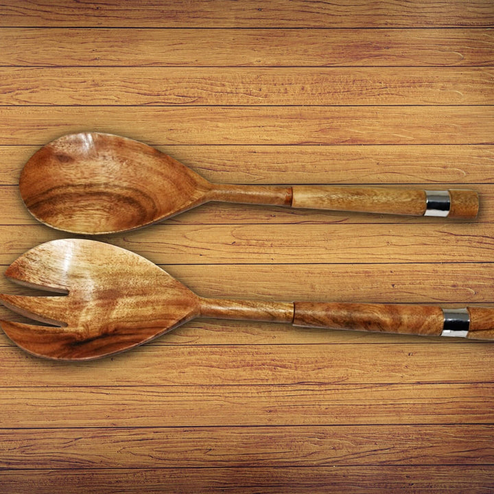 Natural Acacia Wood with Hammered Nickel 2 Pc Salad Server Set Brown Rectangle - Diamond Home USA