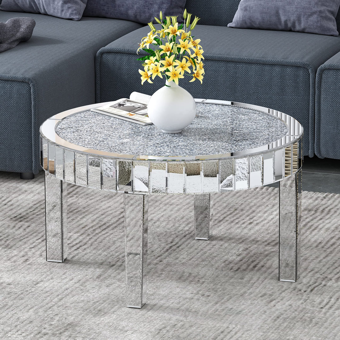 Crushed Diamond Round Coffee Table with 4 Legs Mirror Glass Silver