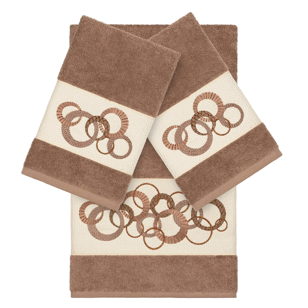 Turkish Cotton Circles Embroidered Latte Brown 3-Piece Towel Set Cloth