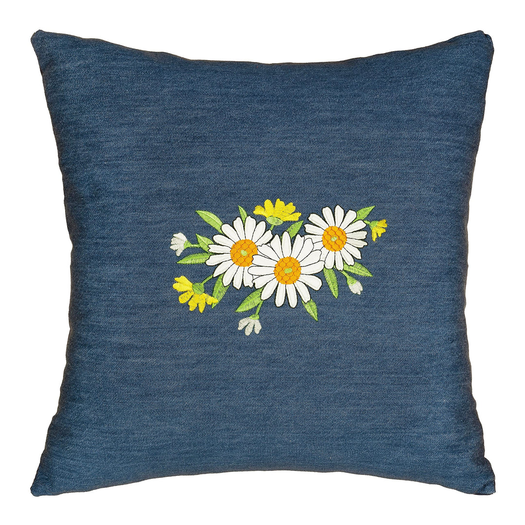 Daisy Denim Decorative Square Pillow Cover 18" X Blue Embroidered Casual