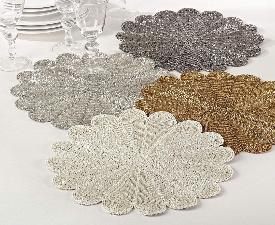 SARO LIFESTYLE Pewter Flower Design Beaded Placemat - 15" Round 4 Ct. - Diamond Home USA