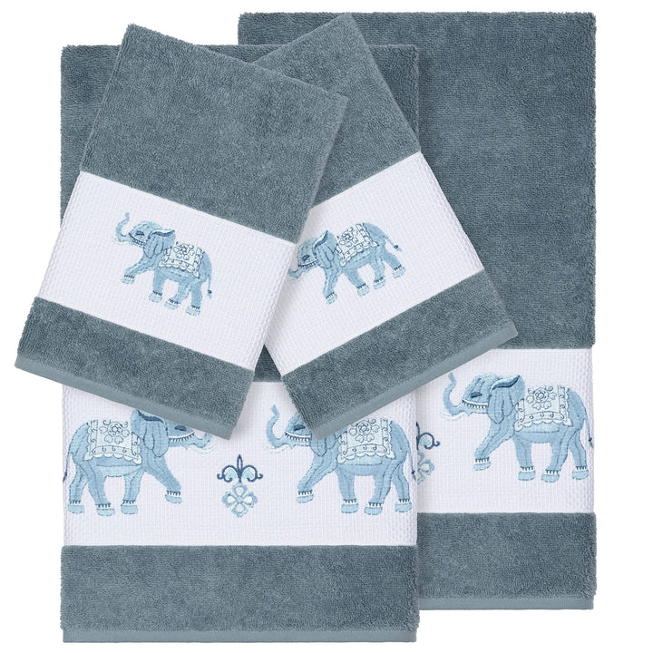 Authentic Hotel and Spa urkish Cotton Elephants Embroidered eal Blue 4-Piece
