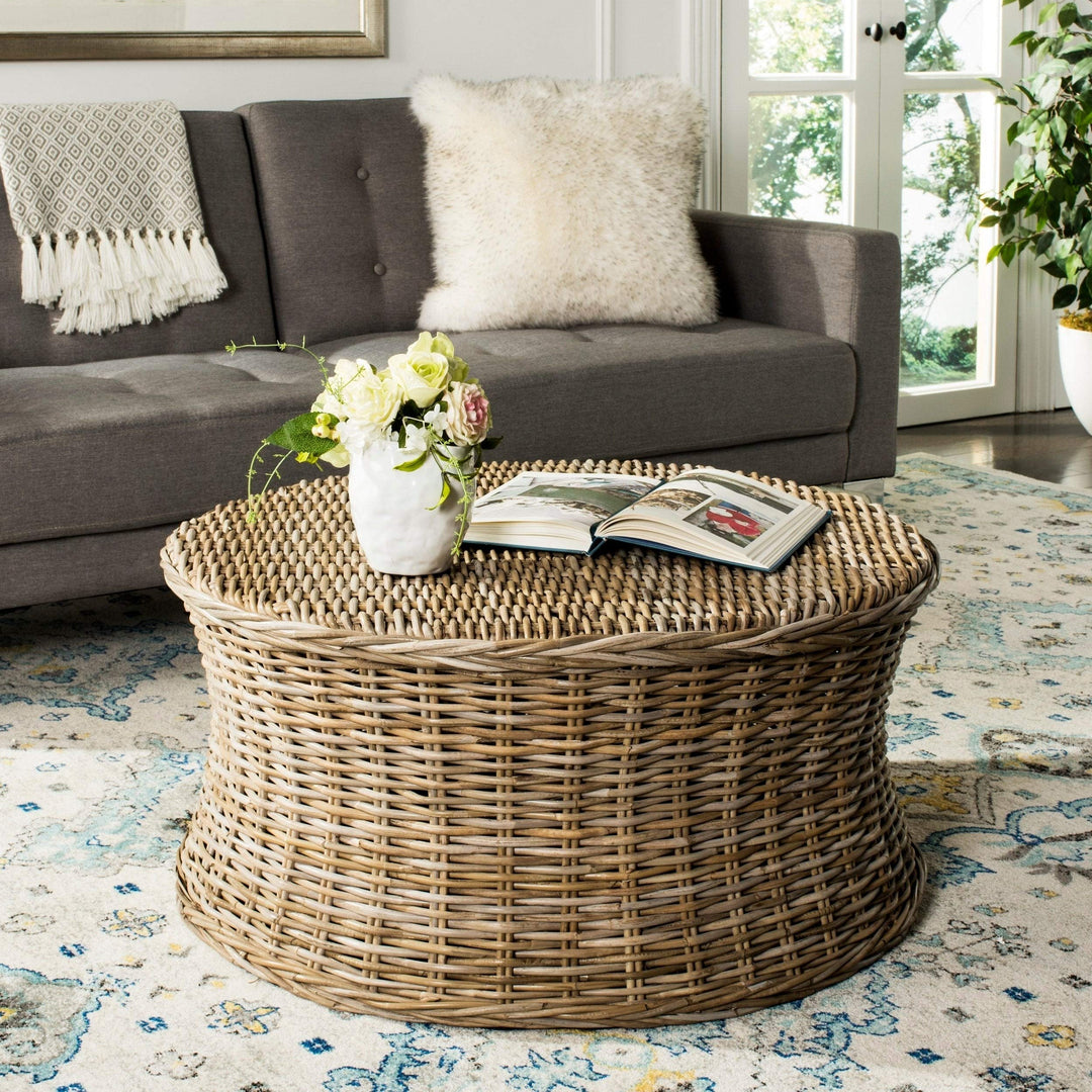 Natural Wicker Ottoman Beige Beach Nautical Coastal Solid Semi-Circle Wood