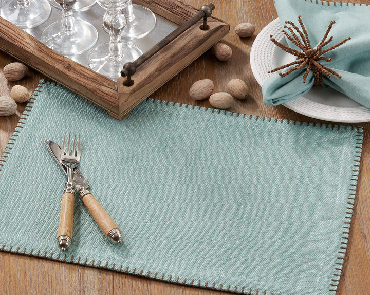 Saro Lifestyle Whip Stitched Design Cotton Placemat (Set of 4) Aqua 13"x19" - Diamond Home USA