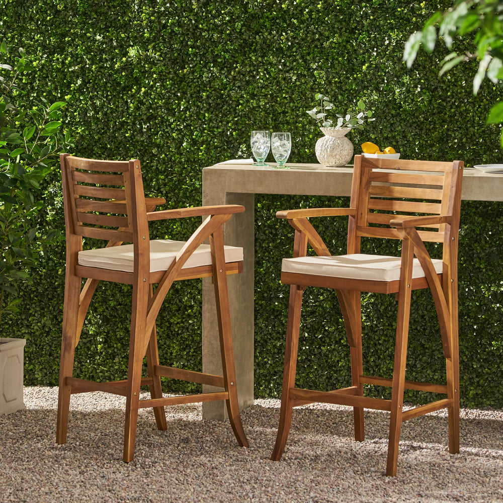 Christopher Knight Home Hermosa Acacia Wood Outdoor Barstools 2-Pcs Set Teak Brown+Cream - Diamond Home USA