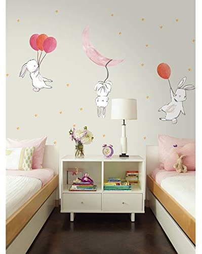 Cute Cartoon Bunny Moon Stars Wall Sticker Pink Children's Art Removable