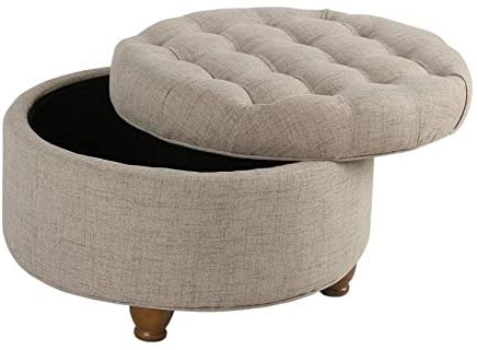 Light Tan Tufted Large Round Storage Ottoman Solid Transitional Fabric Foam Wood Walnut Finish - Diamond Home USA