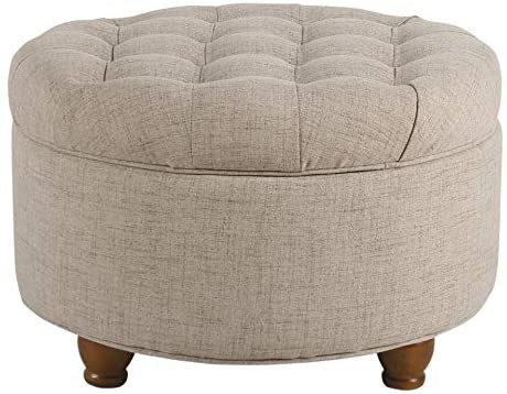 Light Tan Tufted Large Round Storage Ottoman Solid