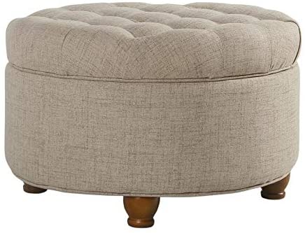 Light Tan Tufted Large Round Storage Ottoman Solid Transitional Fabric Foam Wood Walnut Finish - Diamond Home USA