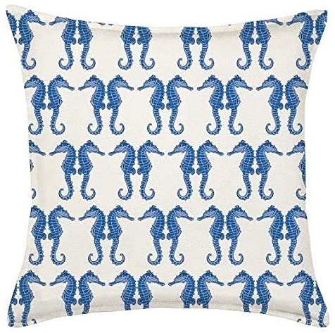 Blue Seahorse Repeat Cotton Canvas 20 inch Pillow White