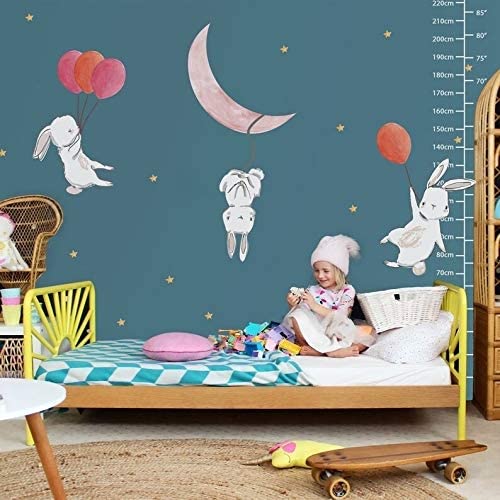 Cute Cartoon Bunny Moon Stars Wall Sticker Pink Children's Art Removable
