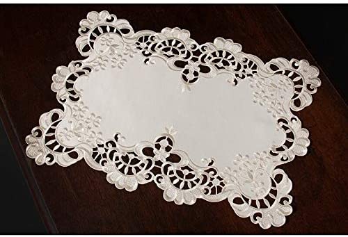 Scalloped Lace Embroidered Cutwork Placemats 13 by 19 Inch Set 4 Beige Cream Rectangle Polyester - Diamond Home USA