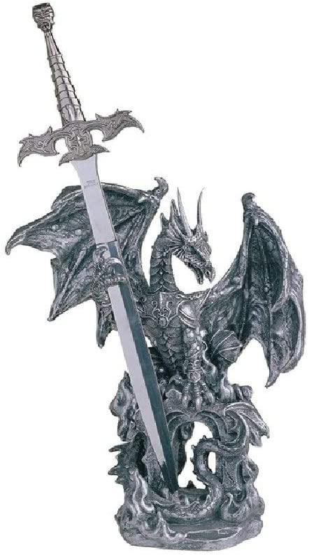 10" h Medieval Silver Dragon Armor Sword Guardian Statue
