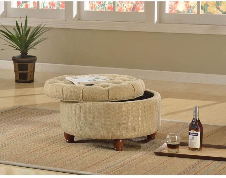 Tan Cream Tweed Tufted Storage Ottoman Solid Casual Round Fabric Foam Wood - Diamond Home USA