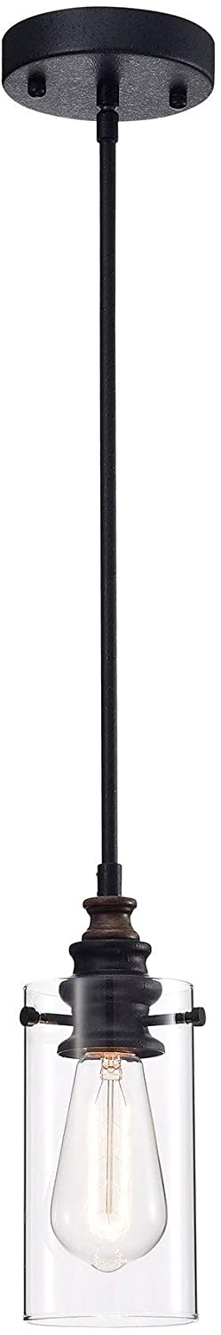 1 Light Black Pendant Lamp Glass Cylinder Shade (Includes Bulb) Brown Farmhouse Transitional Iron