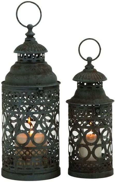 Iron Pierced Ring Design Round Candle Lanterns (Set 2) Black